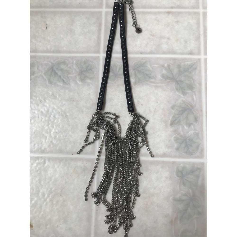 Brutalist Black Leather Studded Bib Necklace with Chains Hanging off 18"